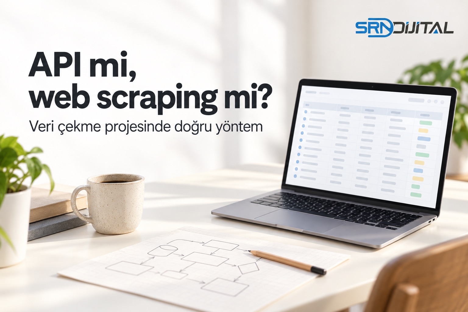 SRN Dijital API ve web scraping karar rehberi; açık renkli masada soyut veri tablosu gösteren laptop, veri akışını temsil eden kağıt ve API mi, web scraping mi? başlığı. Temsili çalışma sahnesi.
