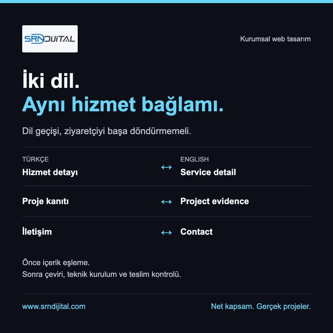 SRN Dijital çok dilli site planlama şeması: hizmet, proje kanıtı ve iletişim sayfalarının Türkçe ve İngilizce karşılıkları.