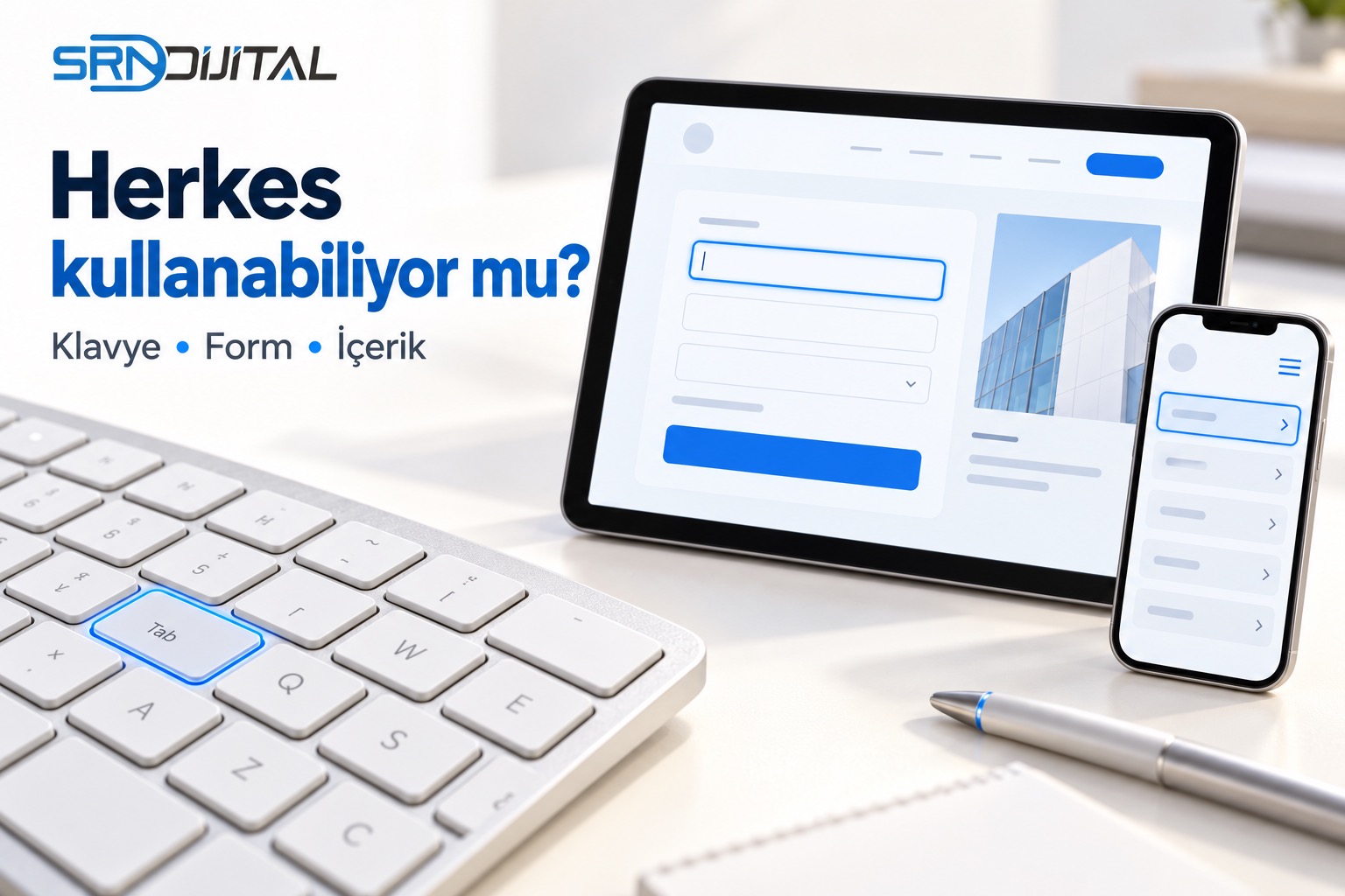 SRN Dijital logosu ve Herkes kullanabiliyor mu? başlığı; Klavye, Form, İçerik alt başlığı. Tab tuşu ve temsili tablet formunda belirgin mavi odak, telefonda menü örneği. Gerçek müşteri ekranı değildir.