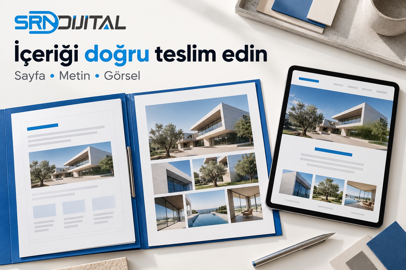 SRN Dijital logosu ve İçeriği doğru teslim edin başlığı; Sayfa, Metin, Görsel alt başlığı. Açık dosyada sayfa metni ve fotoğraf seçkisi, aynı fotoğrafla eşleşen temsili tablet web sayfası. Gerçek müşteri teslim ekranı değildir.