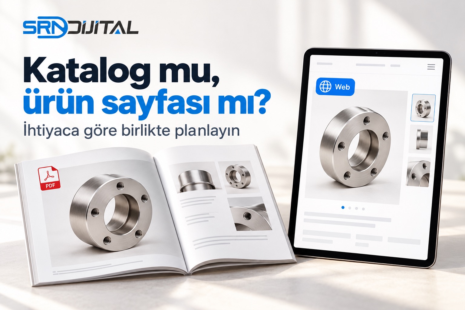 SRN Dijital logosu ve Katalog mu, ürün sayfası mı? başlığı; İhtiyaca göre birlikte planlayın alt başlığı. Aynı temsili metal parçayı gösteren açık PDF katalog ve tablet ürün sayfası. Gerçek müşteri teslim ekranı değildir.