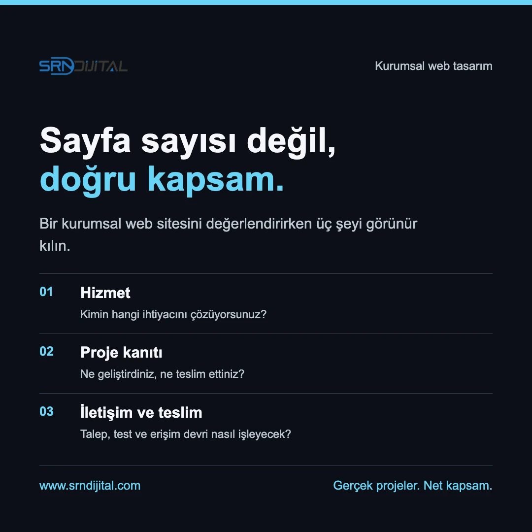 SRN Dijital kurumsal web sitesi planı: hizmet, proje kanıtı, iletişim ve teslim.