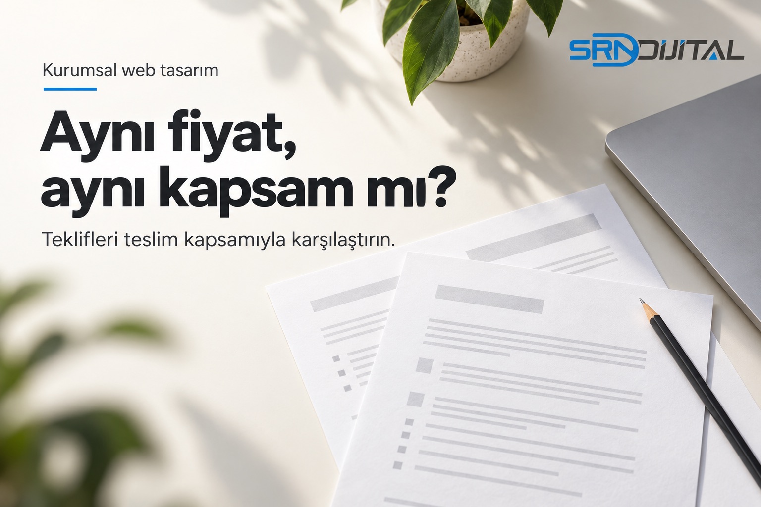 SRN Dijital kurumsal web tasarım teklif rehberi; Aynı fiyat, aynı kapsam mı? başlığı, açık renkli masada iki belge ve laptop; temsili çalışma sahnesi.
