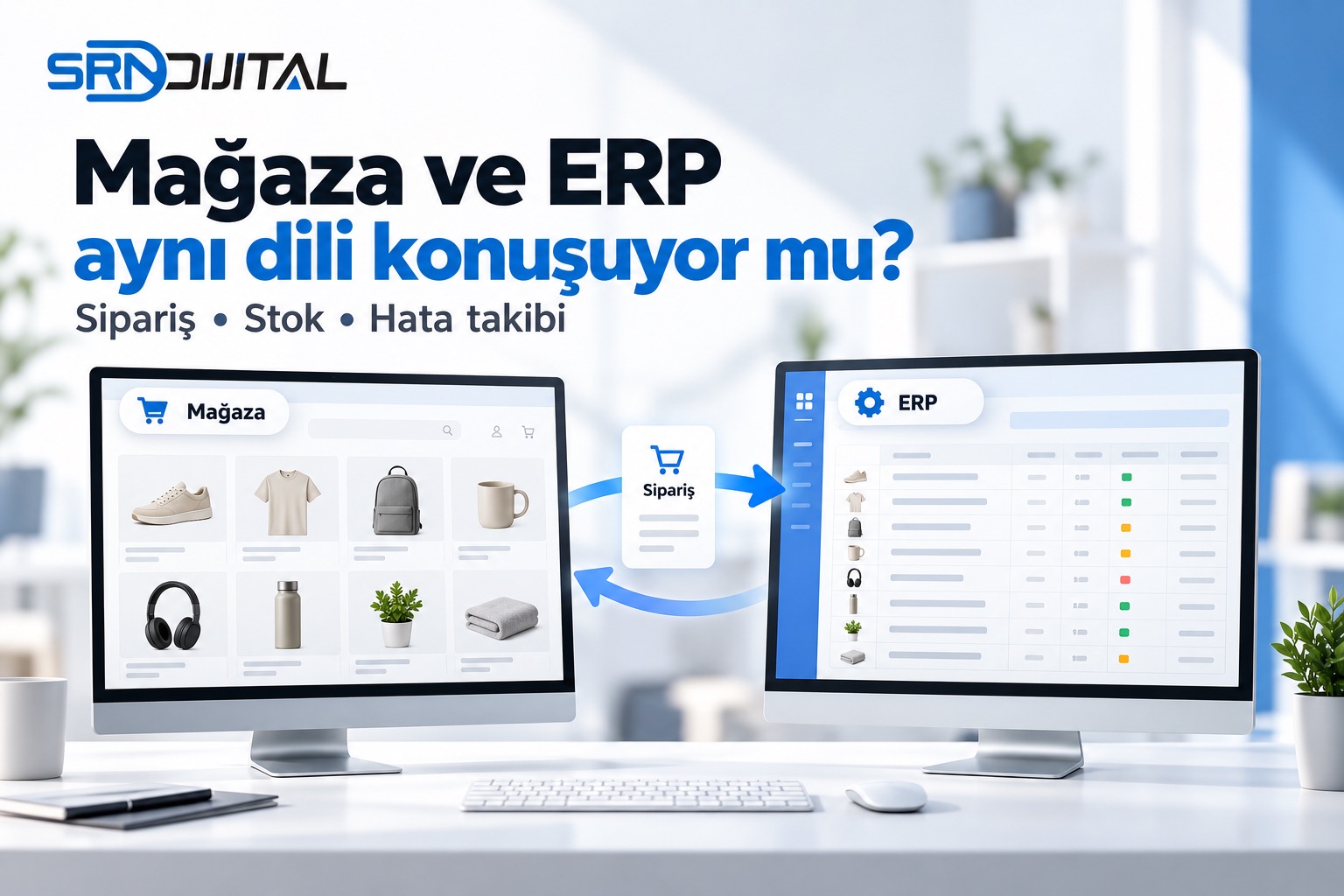 SRN Dijital logosu ve Mağaza ve ERP aynı dili konuşuyor mu? başlığı; Sipariş, Stok, Hata takibi alt başlığı. Mağaza ve ERP ekranları arasında temsili sipariş ve stok okları; gerçek müşteri teslim ekranı değildir.