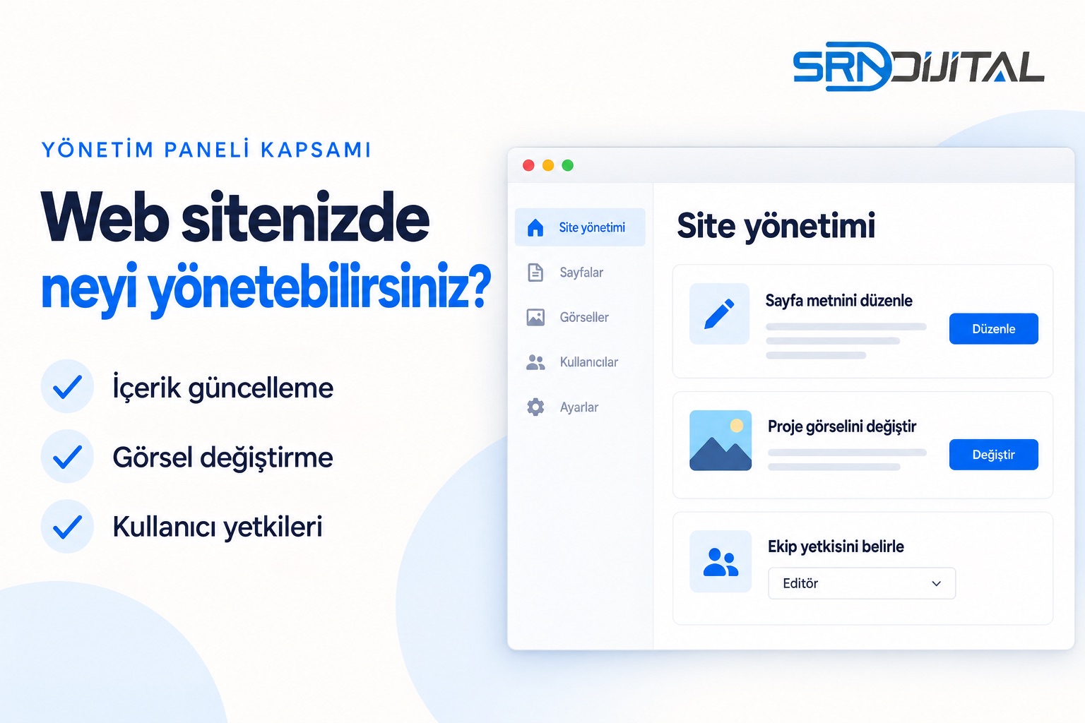 SRN Dijital kurumsal web sitesi yönetim paneli kapsamı rehberi. Web sitenizde neyi yönetebilirsiniz? başlığının yanında temsili Site yönetimi ekranı: sayfa metnini düzenle, proje görselini değiştir ve ekip yetkisini belirle. Gerçek müşteri paneli değildir.
