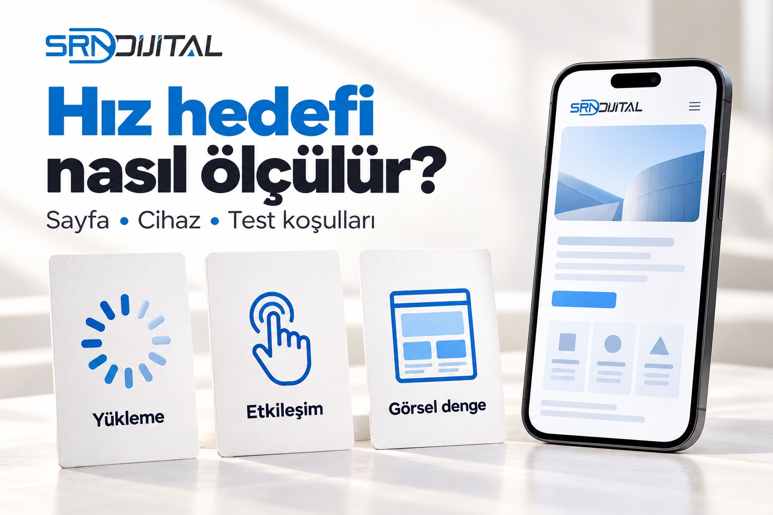 SRN Dijital logosu ve Hız hedefi nasıl ölçülür? başlığı; Sayfa, Cihaz, Test koşulları alt başlığı. Yükleme, Etkileşim ve Görsel denge kartları ile temsili kurumsal site gösteren telefon. Gerçek müşteri ekranı veya ölçüm sonucu değildir.