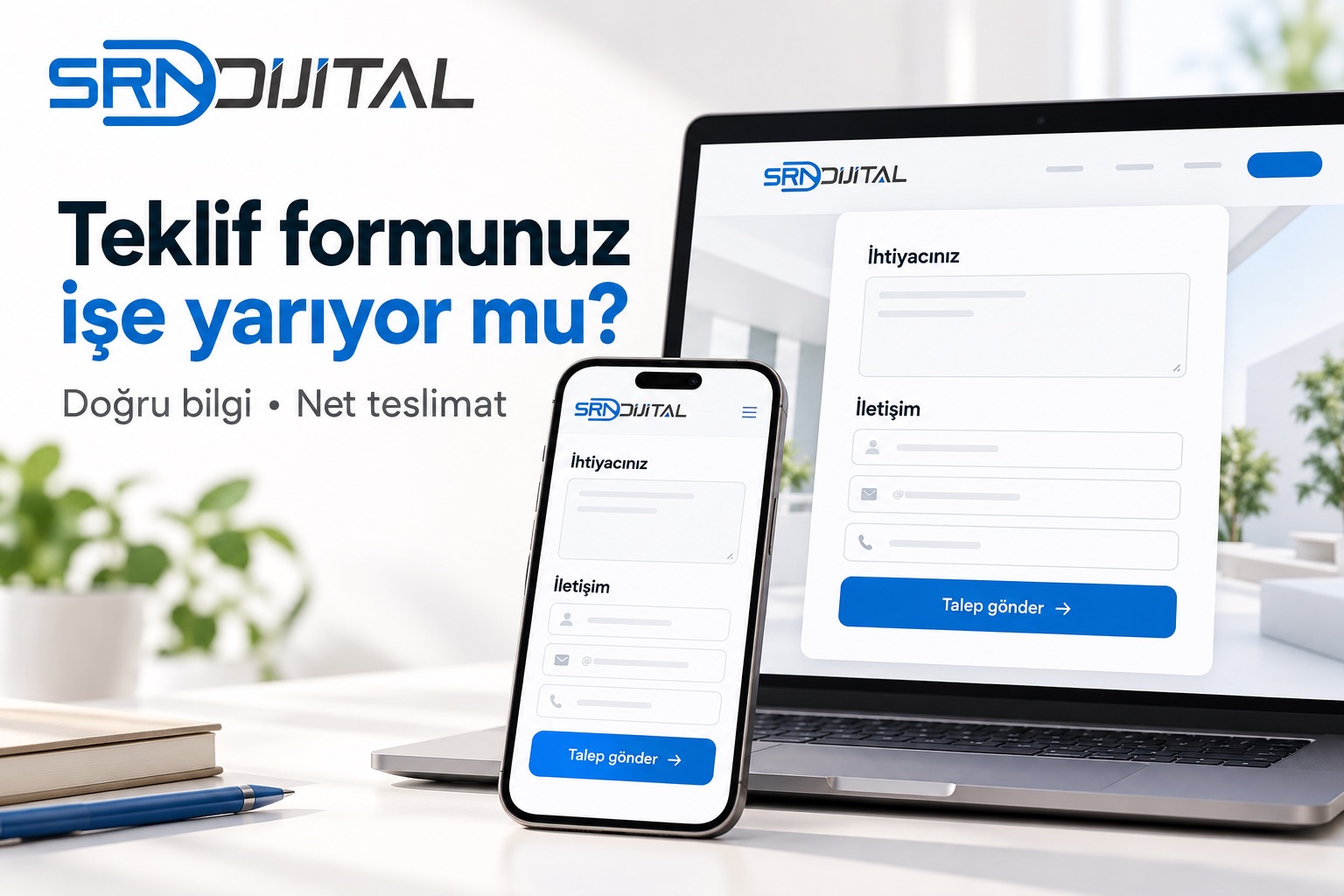 SRN Dijital logosu ve Teklif formunuz işe yarıyor mu? başlığı. Doğru bilgi, Net teslimat alt başlığı; aydınlık ortamda telefon ve laptop üzerinde temsili boş teklif formu. Gerçek müşteri teslim ekranı değildir.