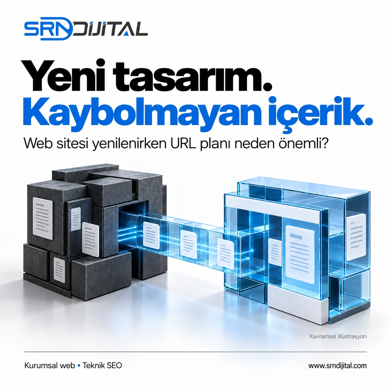 SRN Dijital: Yeni tasarım, kaybolmayan içerik. Eski ve yeni web yapıları arasındaki bağlantıyı gösteren kavramsal illüstrasyon.